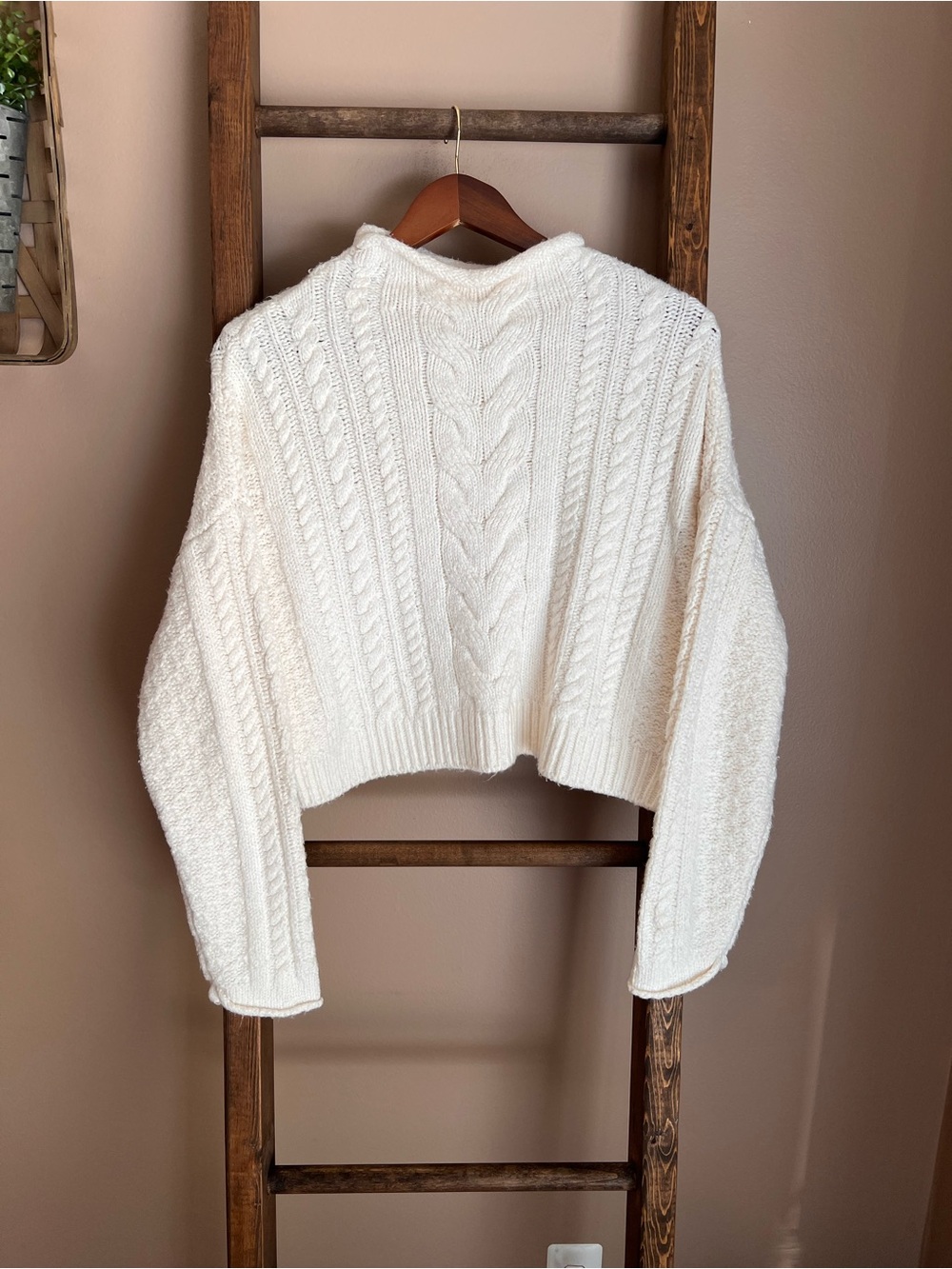 Pilcro Cream Cable-Knit Cropped Rollneck Sweater